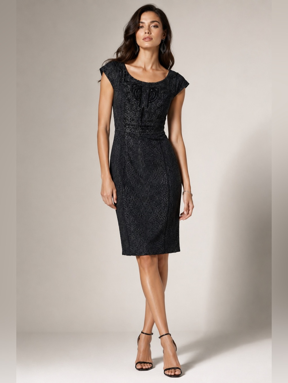 Ports 1961 Black Beaded Silk Lined Textured Sheath Dress Size 8
